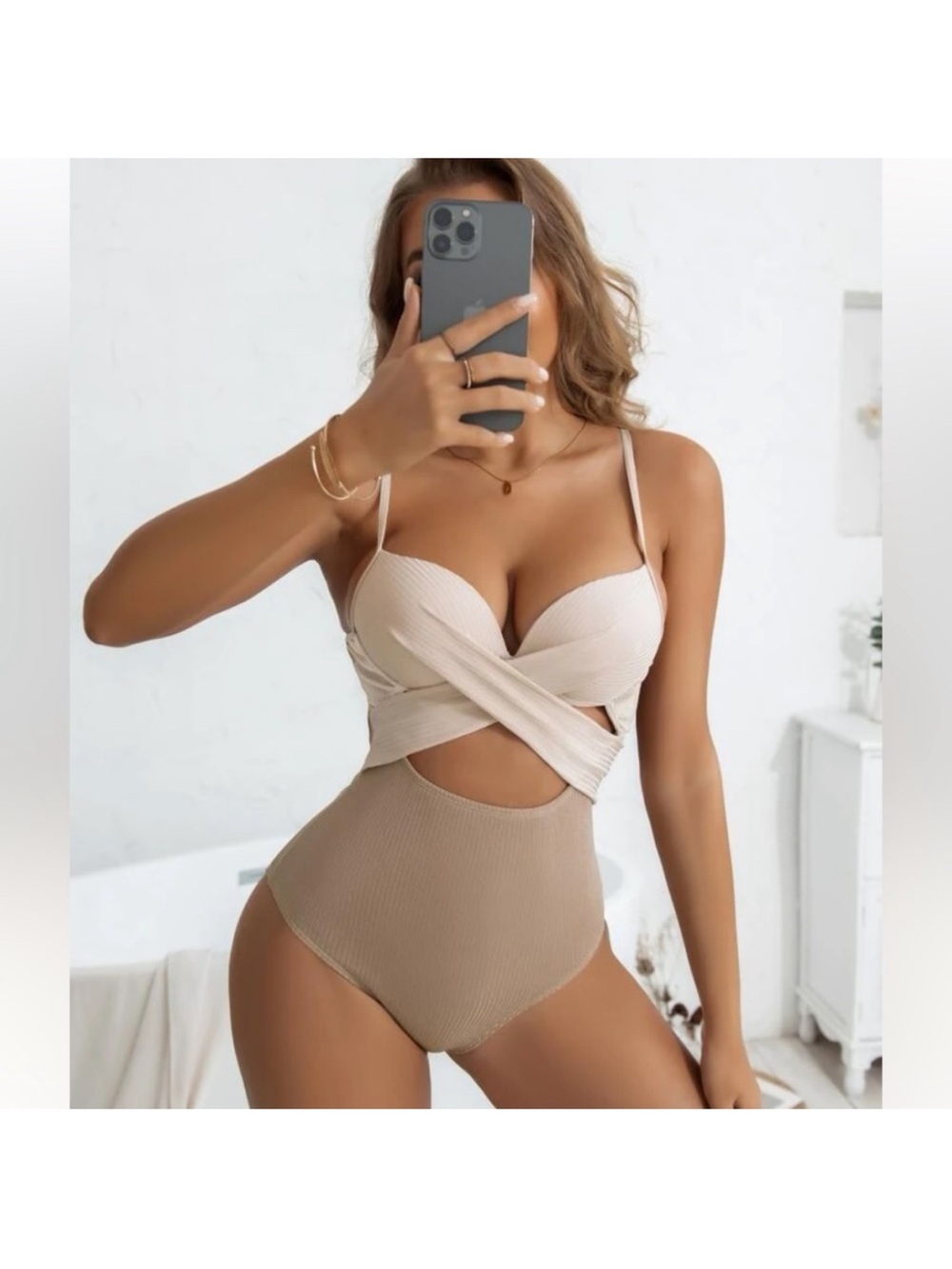 Two-Tone Beige Crisscross One-Piece Swimsuit